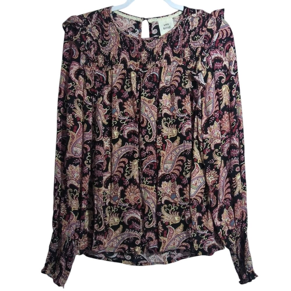 Knox Rose Black Paisley Boho Prairie Balloon Sleeve Ruffle Blouse Size Small